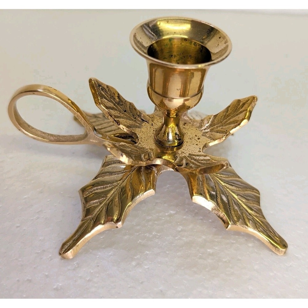Brass Candlestick Holder Holly Leaves Christmas Decor Made In India W/Handle 3"